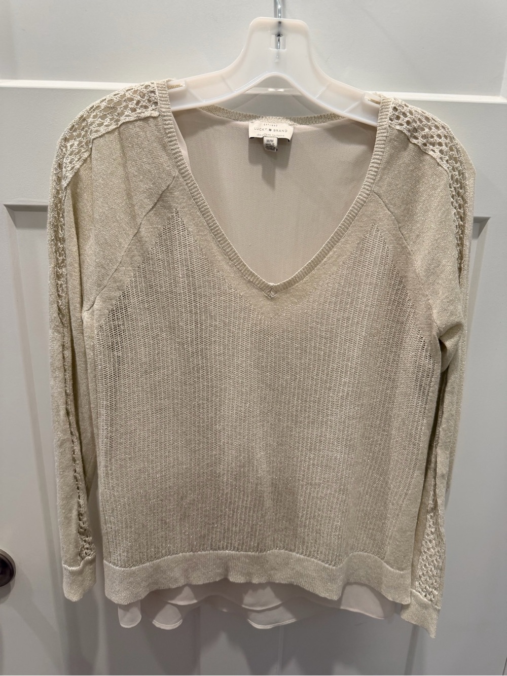 Lucky Brand Medium Champagne Metallic Open Knit Layered Sweater Top